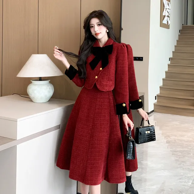 红色套装裙女2025秋冬名媛蝴蝶结小香风夹棉外套上衣半身裙两件套