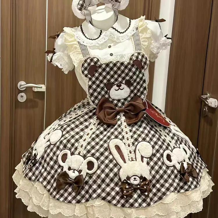 【熊古力】现货秒发送衬衫/Kc原创可爱背带小熊格子Lolita裙子