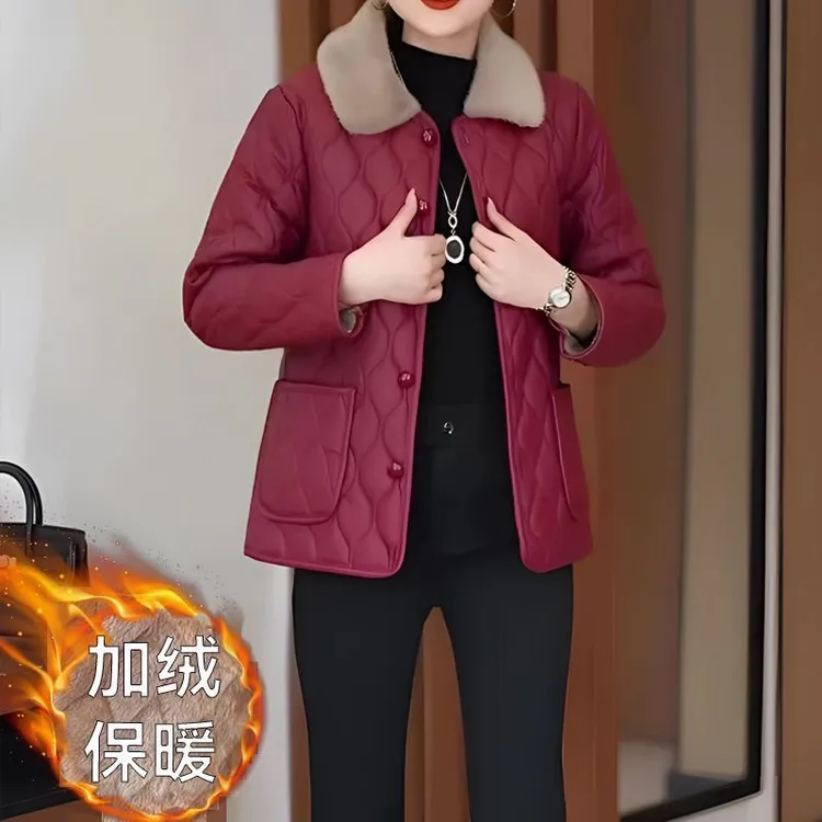 冬季爆款加绒加厚保暖棉服女妈妈遮肉显瘦显瘦气质过冬pu皮外套女