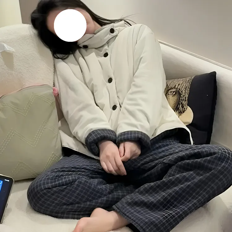 韩版纯色情侣两面穿夹棉睡衣女秋冬款加厚大码棉服保暖家居服套装