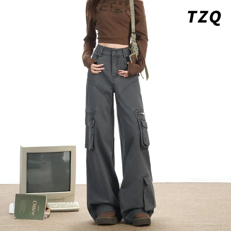 水墨灰阔腿工装裤女款爆款2025新款高腰宽松显瘦拖地直筒牛仔裤子