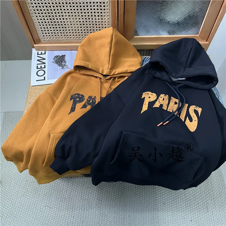 吴小越w1946男童连帽加绒卫衣冬款宽松韩版数码印花绒感t恤中大童