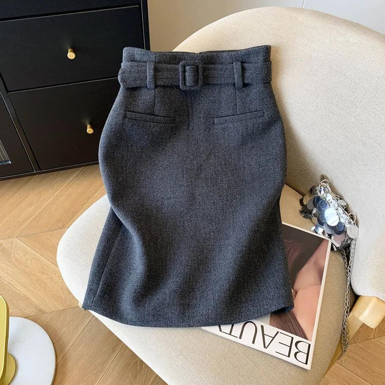 高腰常规中裙女士通勤厚款半身裙秋冬毛呢百搭网红洋气炸街女装
