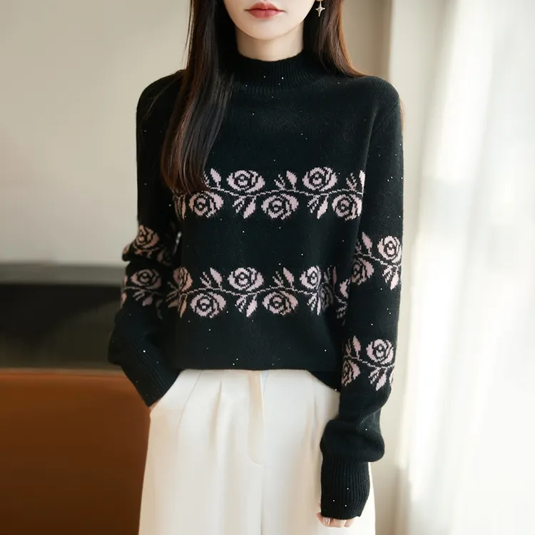 时尚品牌重工玫瑰花珠片羊毛衫毛衣时尚洋气半高领针织衫冬