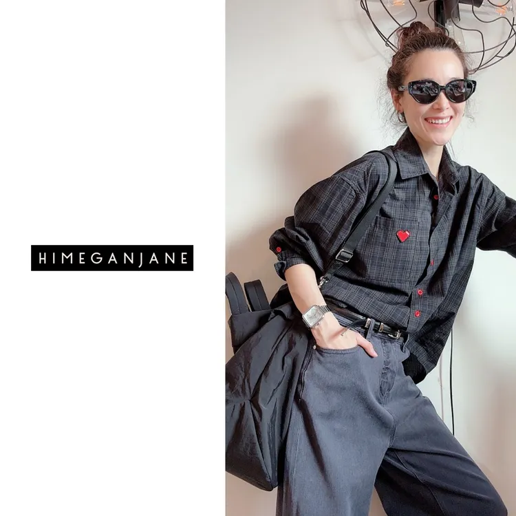 HIMEGANJANE 爱心刺绣格子衬衫 氛围感复古宽松百搭上衣1131