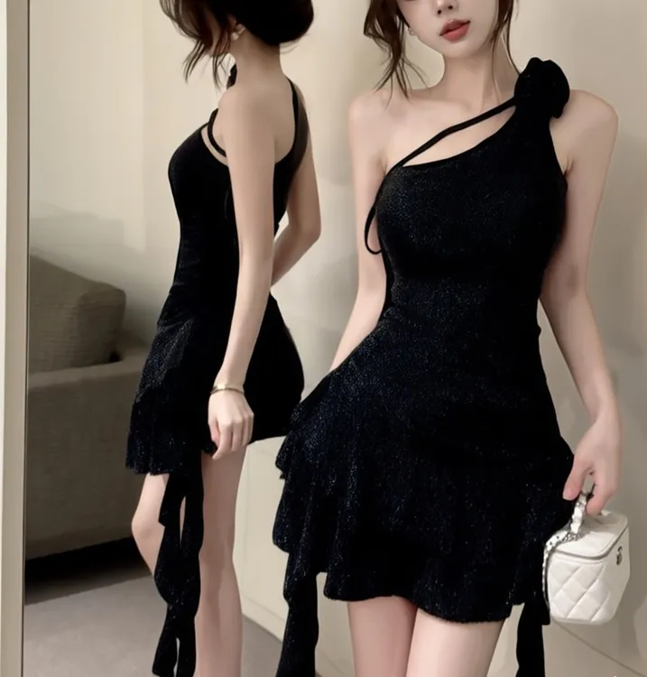 晚礼服泳衣分体裙式荷叶边单肩性感细闪温泉度假氛围感泳装带胸垫