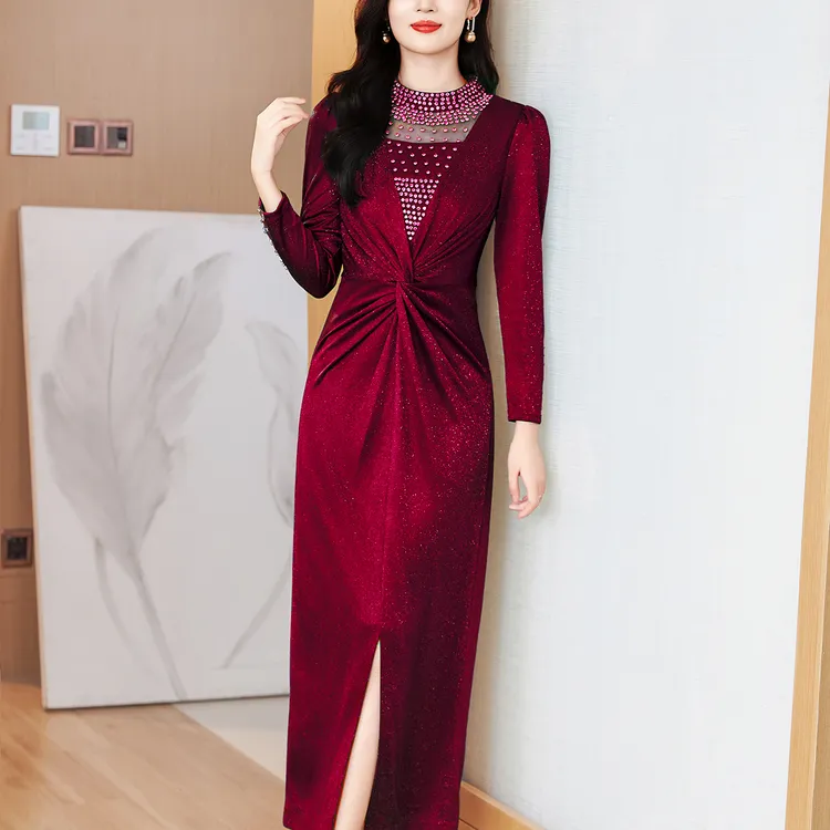 酒红色喜妈妈婚宴装连衣裙女2025春秋新款高端轻奢宴会礼服长款裙