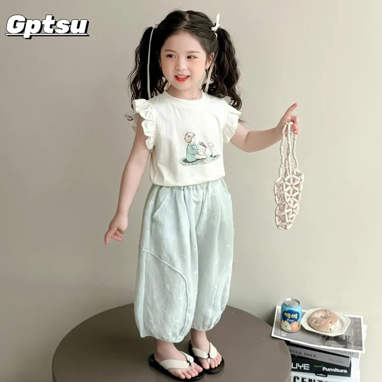 GPTSu女童短袖套装儿童韩系卡通短袖灯笼裤子女宝宝洋气装两件套