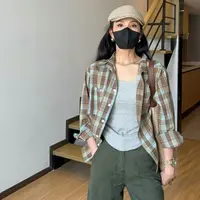 小个子美式复古格子长袖衬衫早秋设计感高级感慵懒风衬衣外套