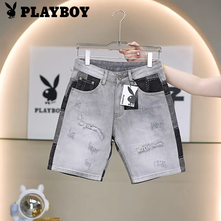 PLAYBOY/花花公子夏季薄款男士破洞拼接修身弹力百搭五分牛仔短裤