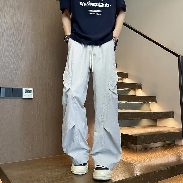 褶皱速干伞兵裤男士夏季薄款潮牌美式冲锋裤子宽松休闲直筒工装裤