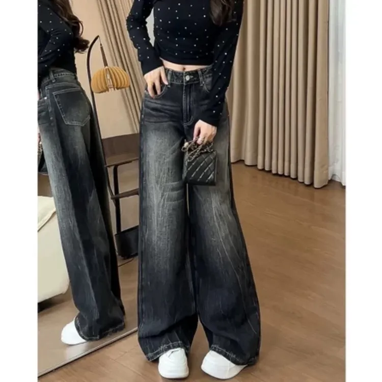 简约窄版直筒牛仔裤秋冬新款大码女装高腰宽松显瘦洋气百搭九分裤
