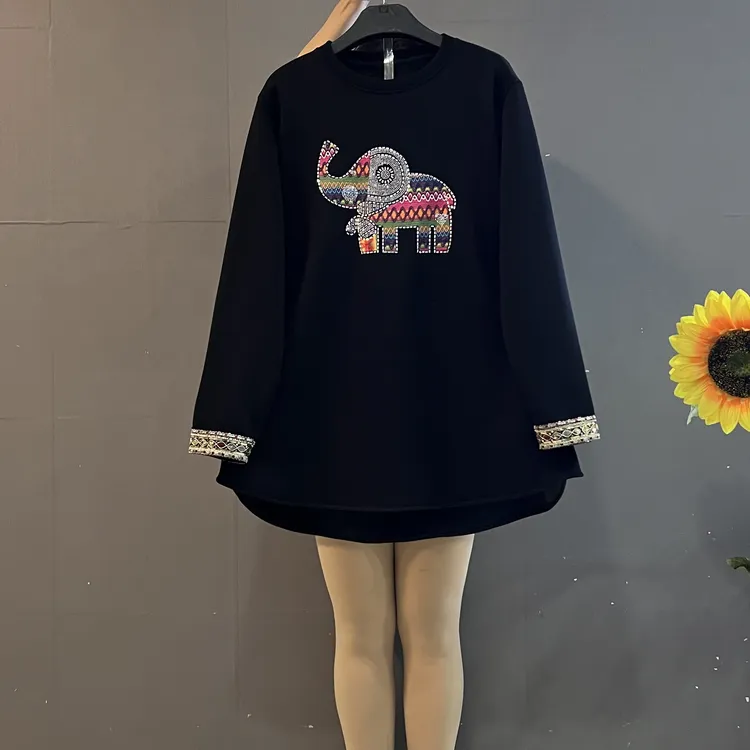 新款韩版时尚休闲重工圆领烫钻吉祥招财小象宽松遮肚加绒显瘦卫衣
