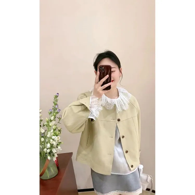 韩系减龄高级感蕾丝拼接内搭上衣宽松长袖外套高腰百搭休闲短裙女