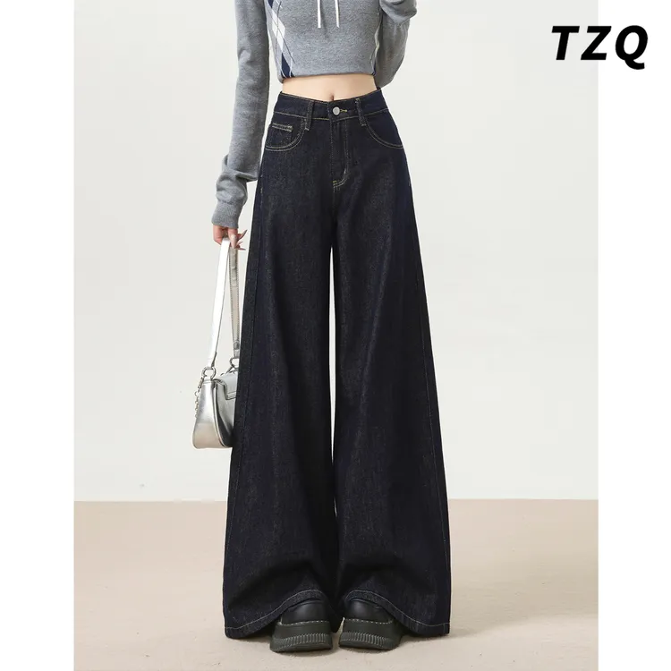 深蓝色阔腿牛仔裤女款爆款2025秋季高腰显瘦直筒宽松垂感拖地裤子