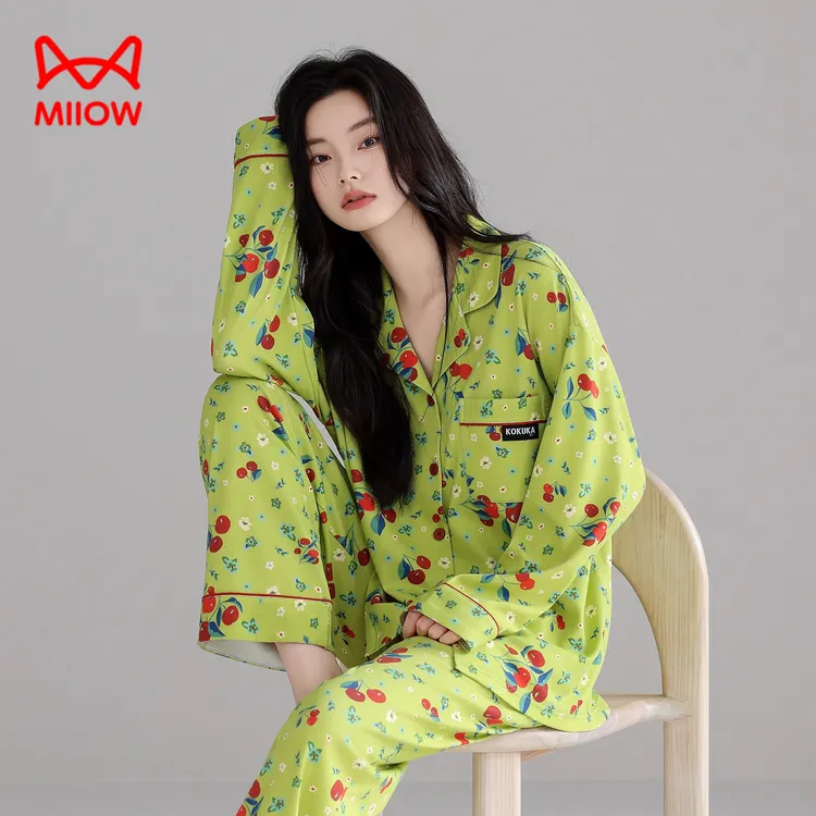 猫人2025新款翻领秋季长袖纯棉睡衣家居服套装时尚印花可外穿套装