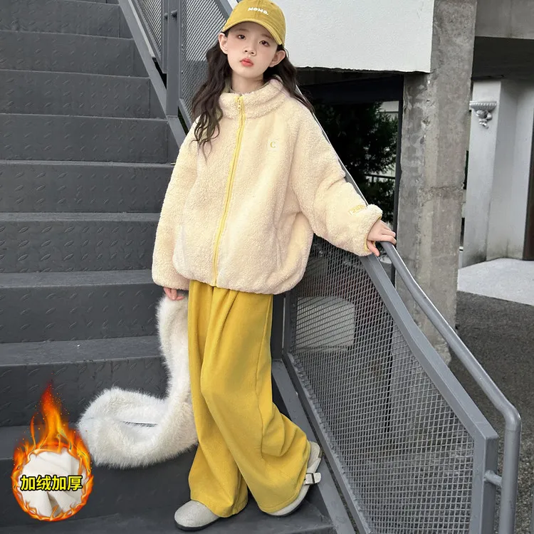 儿童冬装女童加绒套装6-12岁潮款高级感中大童毛毛衣阔腿裤两件套