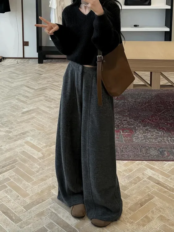秋冬新款韩版大码宽松毛呢休闲裤梨形身材显瘦简约风纯色阔腿裤