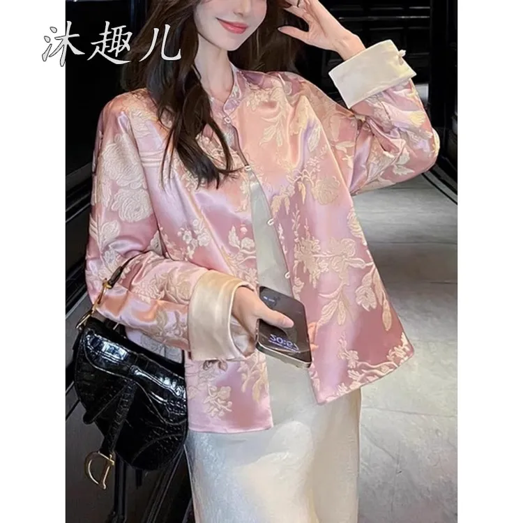 新中式外套女2025新款春秋圆领短款改良唐装国风盘扣醋酸缎面上衣