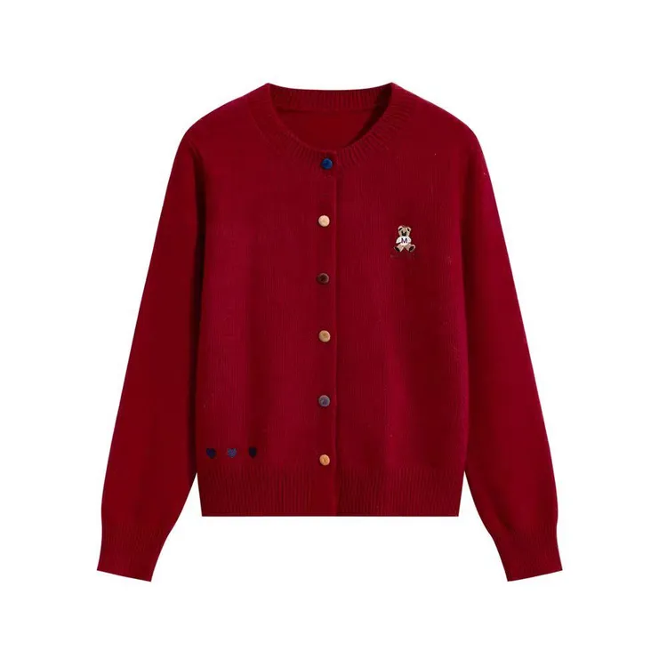 大码女装新年红秋冬减龄感彩色扣设计针织开衫百搭款长袖上衣1456