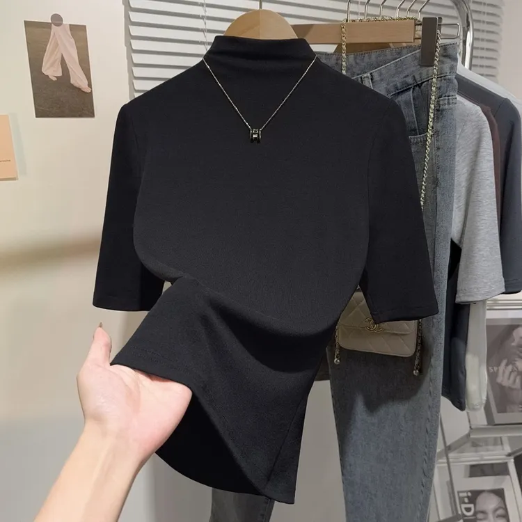 半高领螺纹中袖五分袖t恤女早秋修身百搭打底衫内搭针织洋气上衣