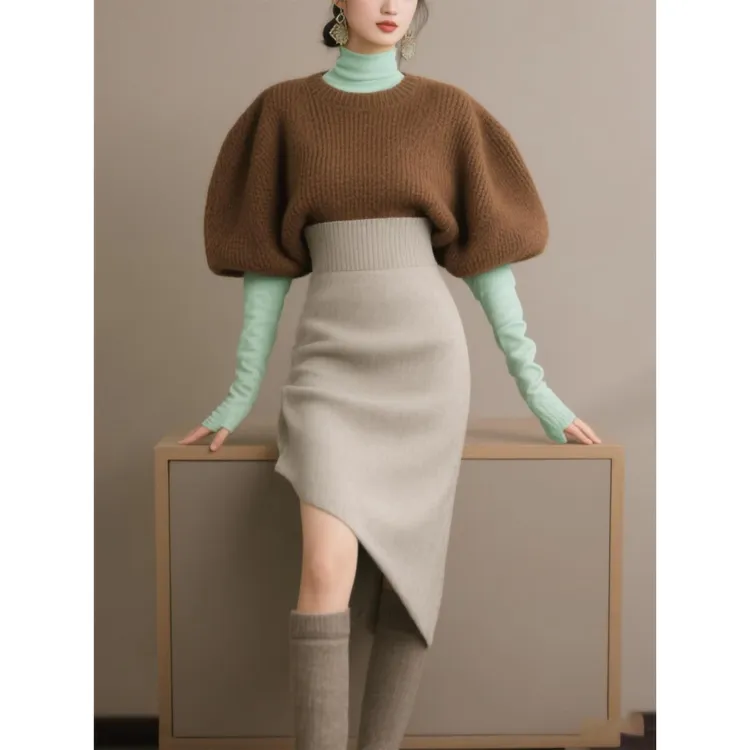 套装女秋冬2025新款爆款高级感覆古减龄绿色内搭毛衣半身裙三件套