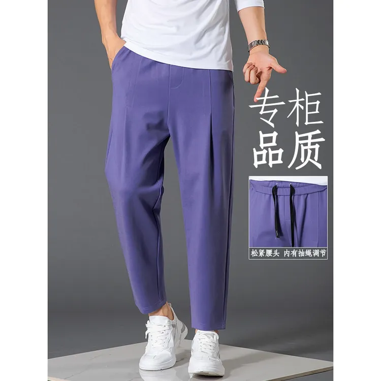 男士哈伦裤宽松流行小脚内抽绳萝卜裤弹力运动轻奢紫色九分休闲裤