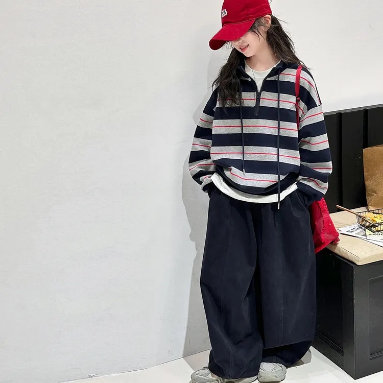 女童套装秋装韩版10-15岁大童套装洋气儿童条纹卫衣休闲裤两件套