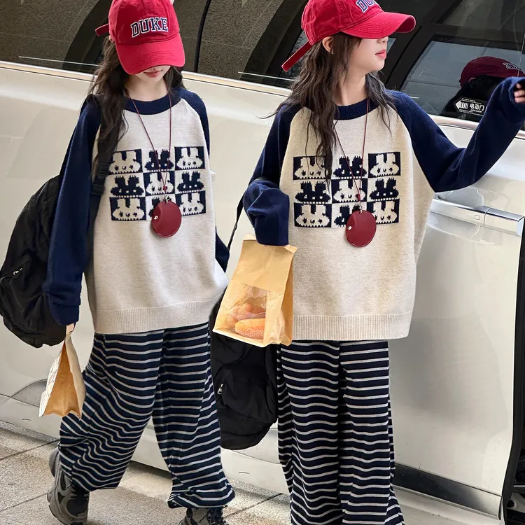 女童毛衣条纹休闲裤套装2025秋季6-15岁中大童秋冬休闲韩版两件套