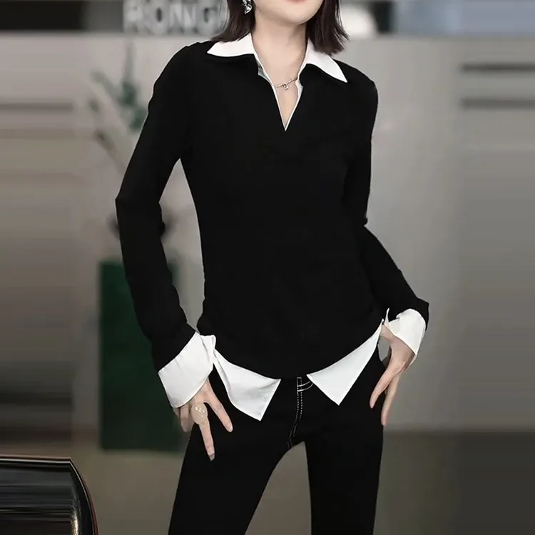 2025秋冬季新款女装高级感气质时髦修身百搭黑色假两件针织衫毛衣