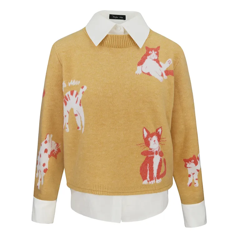 JUNGLE ME秋冬衬衫领假两件提花猫咪毛衣套头时尚休闲女士毛衣