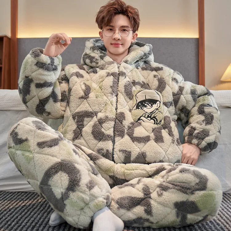 冬季男士连帽三层加厚加绒夹棉睡衣护暖大码珊瑚绒保暖新款家居服