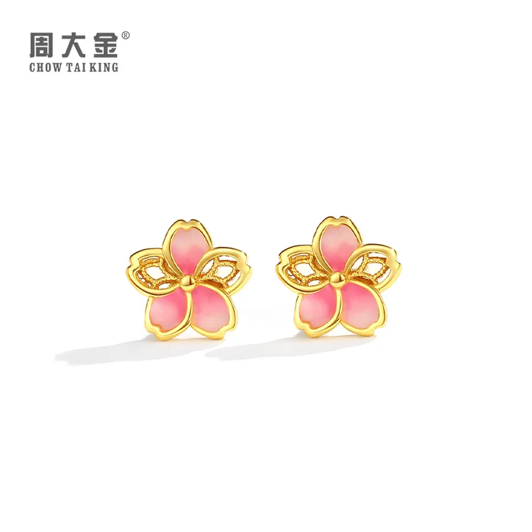 925银珐琅耳饰 周大金樱花耳钉女纯银气质百搭浪漫简约小巧精致款