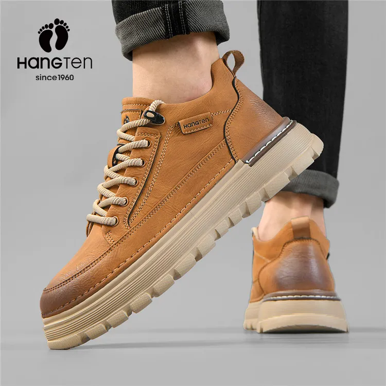 欢腾HangTen男鞋冬季新款复古擦色低帮工装鞋厚底增高休闲板鞋子