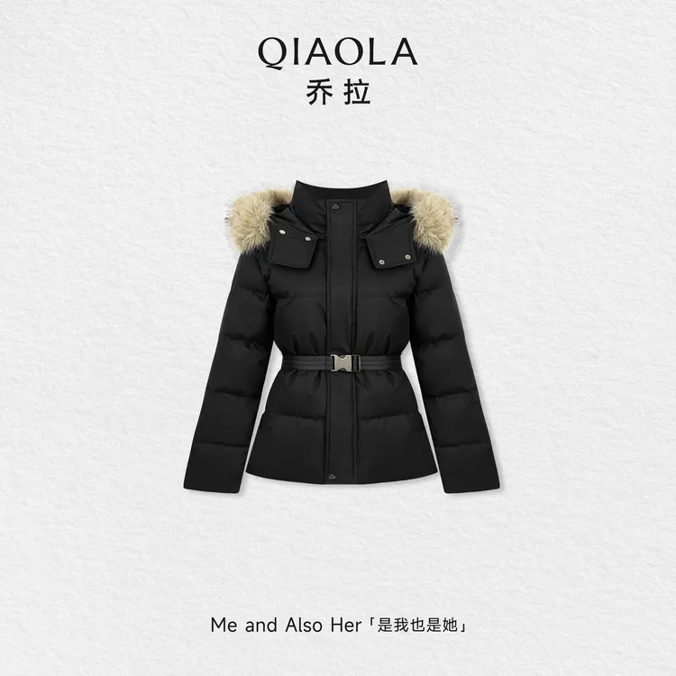 QIAOLA/乔拉【绒化入冬】秋冬季白鸭绒保暖舒适连帽落肩羽绒外套