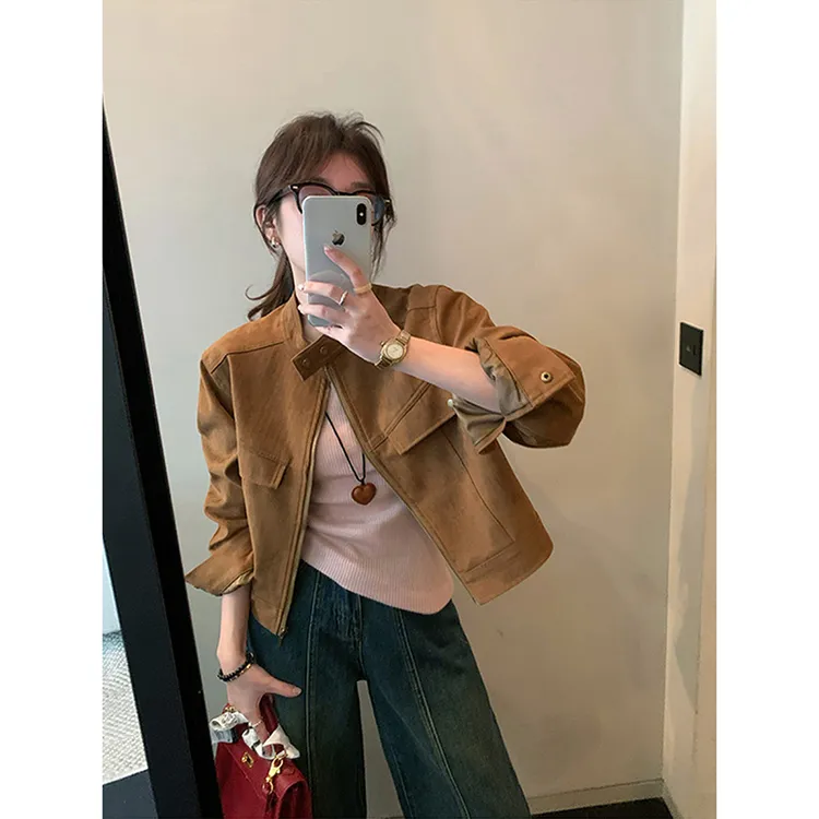 麂皮绒外套女短款小个子2025早秋新款复古咖色鹿皮绒机车皮衣夹克