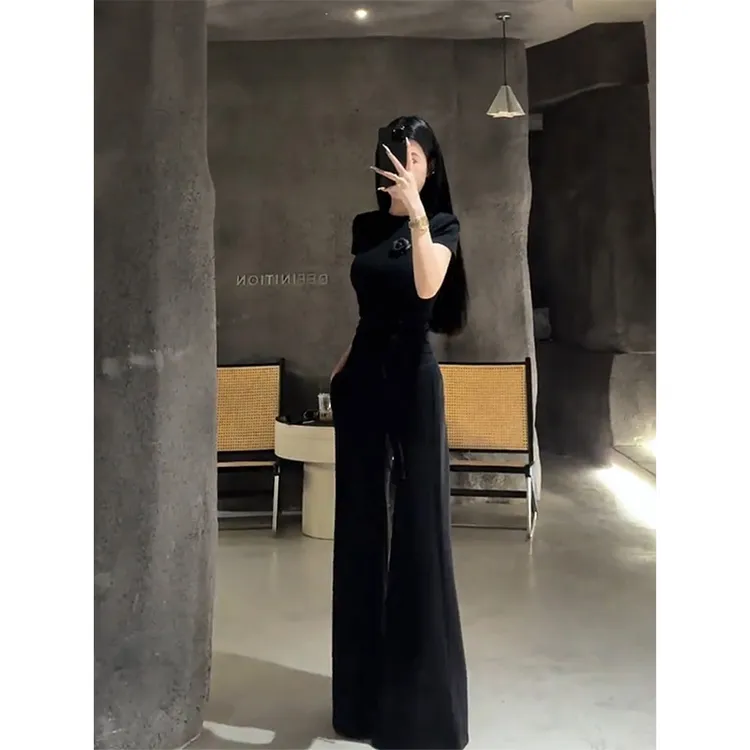 网红洋气炸街女装黑色花朵短袖T恤女夏季百搭休闲阔腿裤两件套装