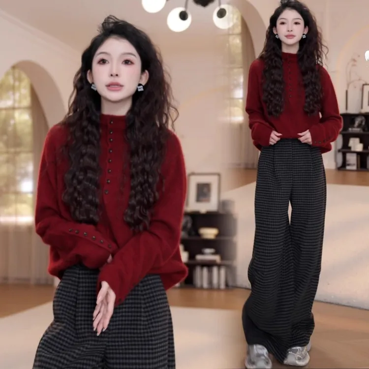 拉夏贝尔红色半高领纽扣针织毛衣女2025秋冬新款长袖宽松休闲上衣