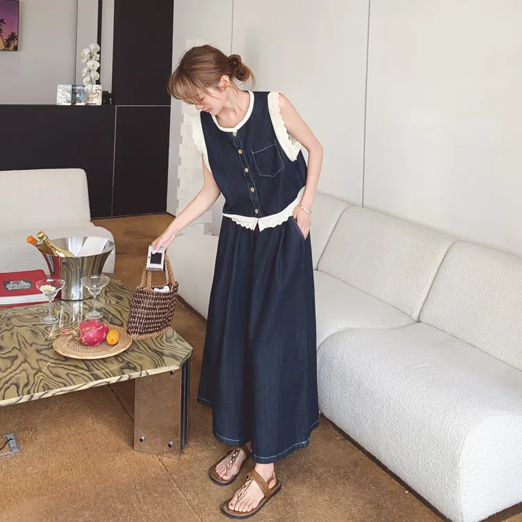 法式蕾丝花边牛仔马甲套装女夏季2025新款韩系高级感阔腿裤三件套