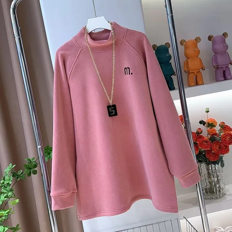 韩系高级感加绒保暖中长款女长袖冬季百搭打底衫加厚