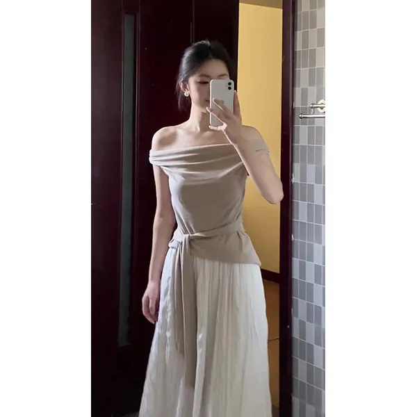 斜领露肩系带无袖衬衫女夏法式气质短衬衣设计感纯欲上衣长裙套装
