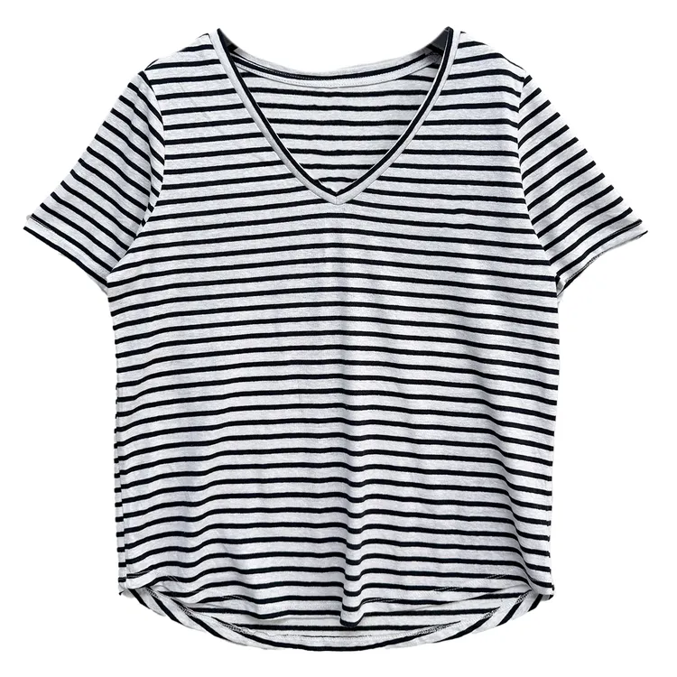 短袖上衣舒适百搭潮流条纹休闲风气质亚麻#6918