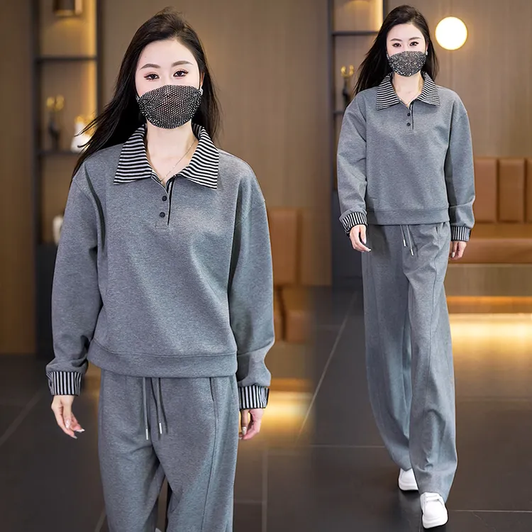 2025秋季新款休闲减龄设计感假两件拼接翻领上衣+阔腿裤两件套