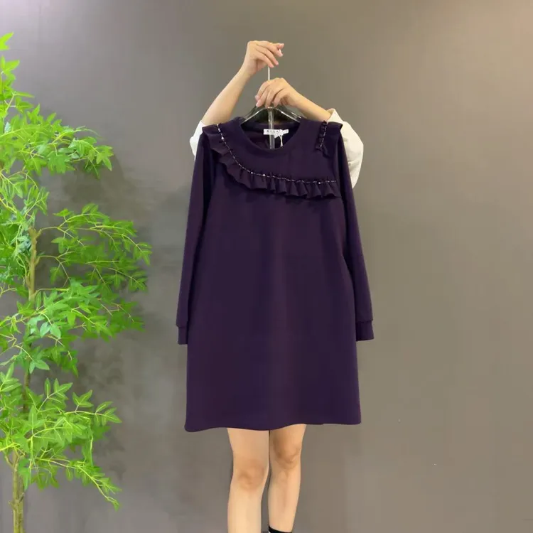 868欧货时尚花边领拼接连衣裙微胖大码遮肉显瘦秋季长袖时髦新款