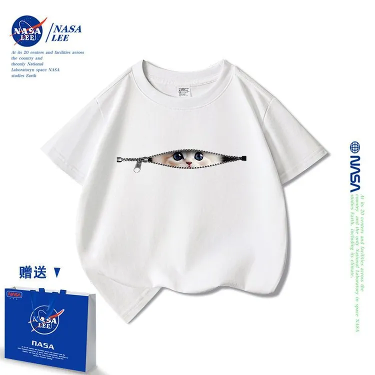 NASA联名小猫短袖t恤女童夏季2025新款潮牌纯棉男童儿童女童上衣