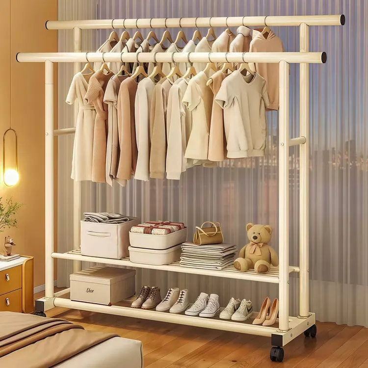 特粗落地式双杆衣架衣帽架双杆款奶油风晾衣架晒衣阳台简易收纳架