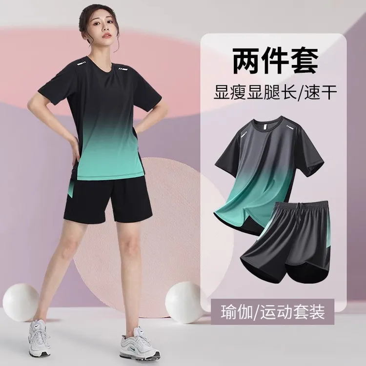 跑步运动套装女2025新款胖mm大码短袖短裤夏季速干衣健身羽毛球服
