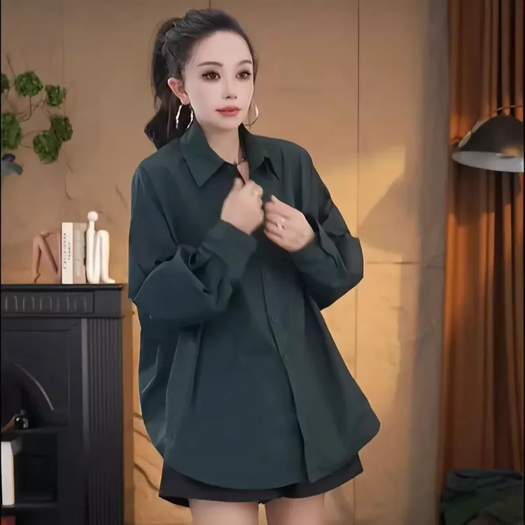 2025春秋季新款女士韩版宽松休闲翻领长袖衬衫设计感小众上衣外套