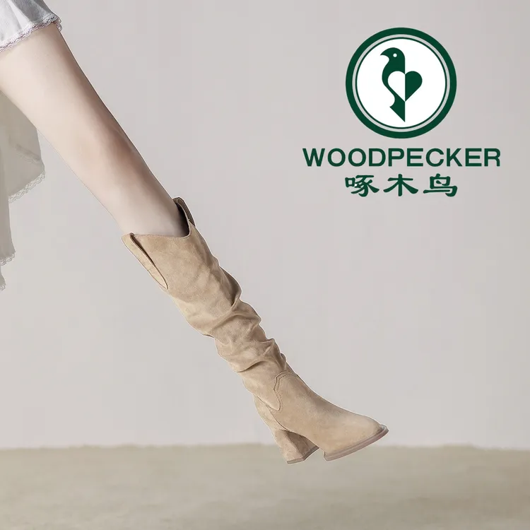 啄木鸟法式复古显瘦长筒靴女2025秋季新款超火高跟尖头堆堆骑士靴