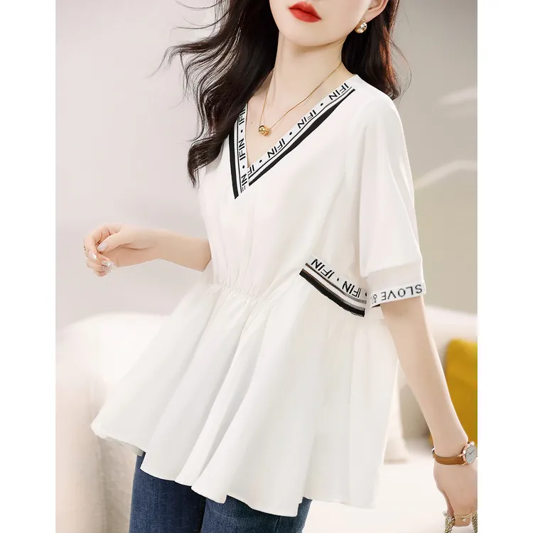 小清新衬衫女夏季短袖V领收腰显瘦正肩雪纺衫洋气宽松遮肚子衬衣
